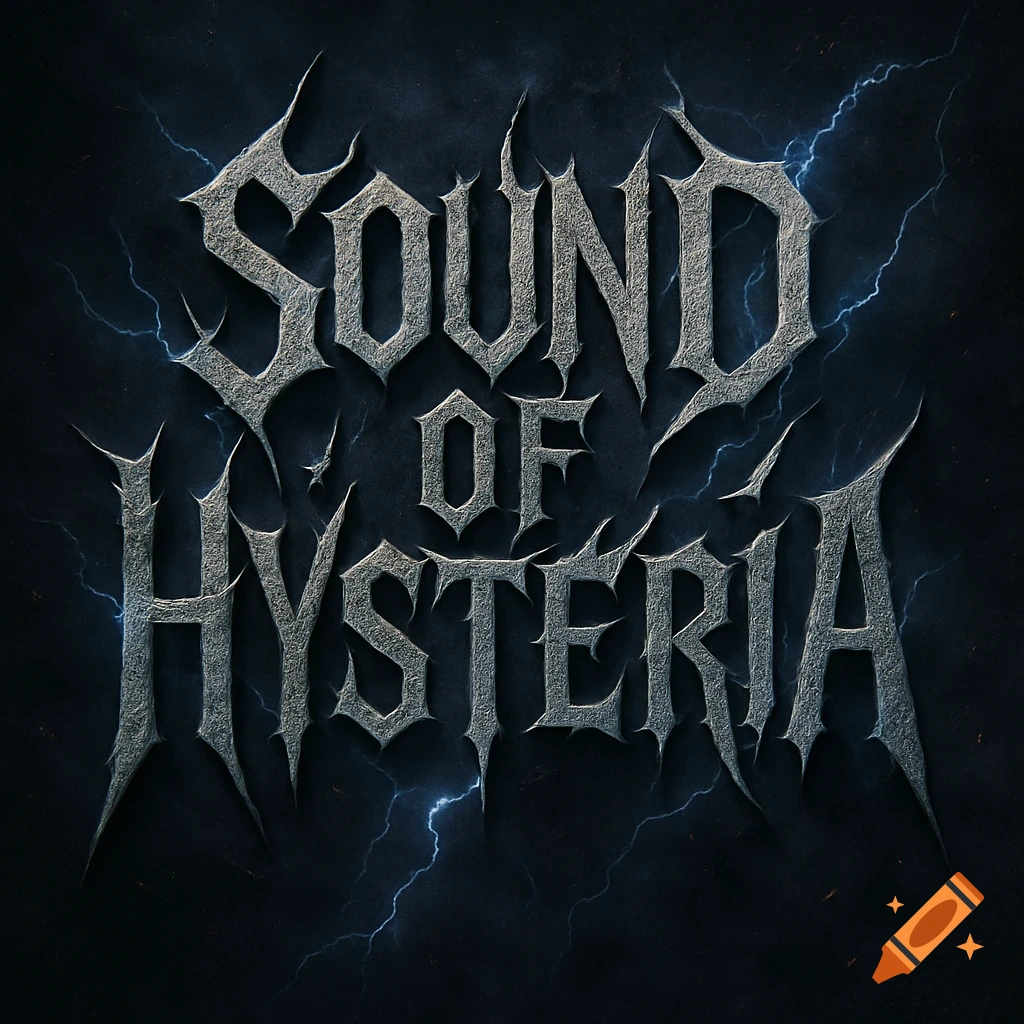 Stylized, textured metal band logo reading 'Sound of Hysteria' with lightning effects on a dark background.