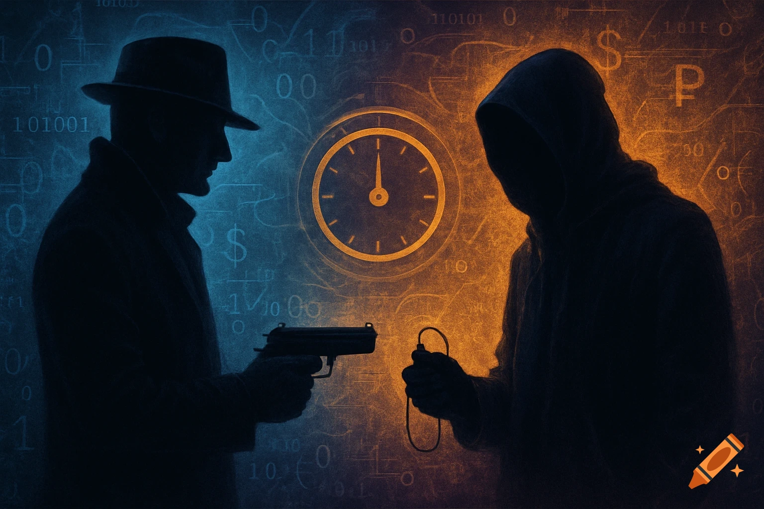 Two silhouetted figures, one with a gun, face each other over a clock, against a blue and orange background with digital code and currency symbols.