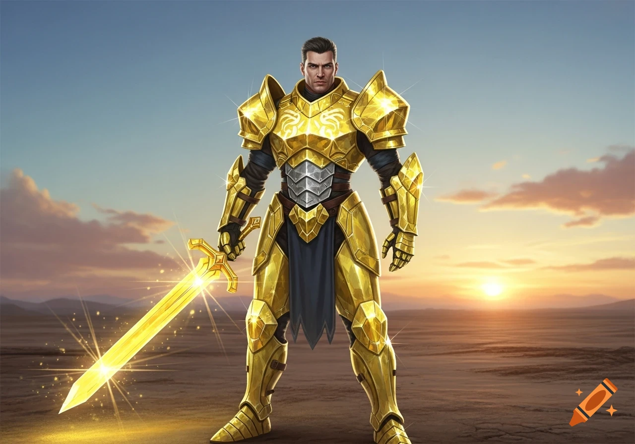A man in shining golden full plate armor stands in a desert at sunset, holding a glowing golden sword.