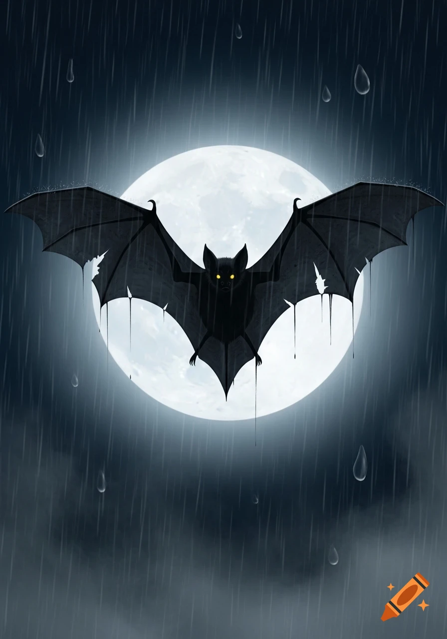 A graphic art illustration of a black bat with tattered wings and glowing yellow eyes flying against a bright full moon in the rain.