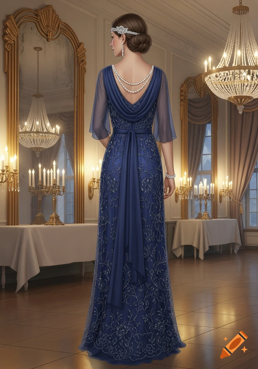 A woman from behind in an elegant navy blue embroidered dress, pearls, and a headband, standing in a grand ballroom.