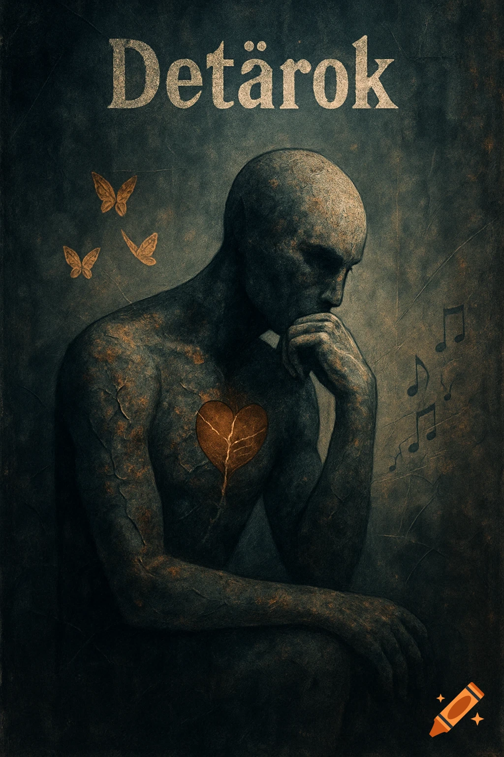 Grunge-style abstract art of a textured, bald figure with a leaf-heart, butterflies, and musical notes, titled 'Detärok'.