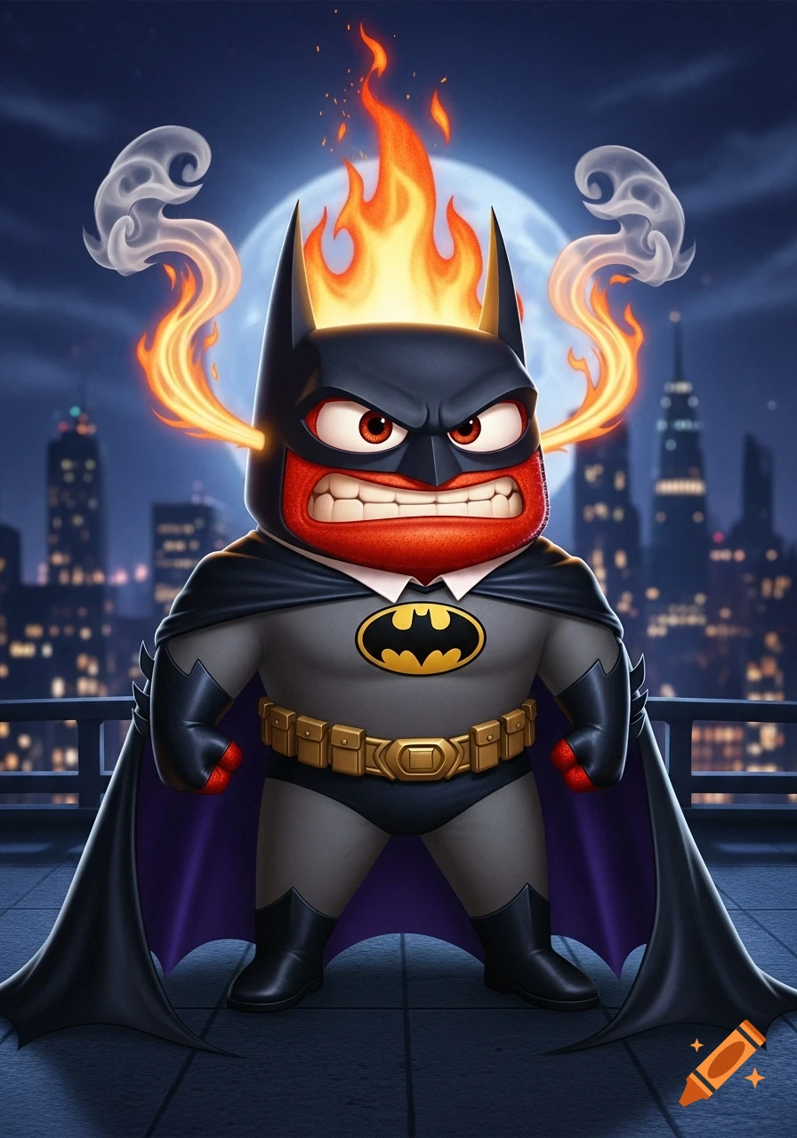 Cartoonish, angry Batman-like character with fire and smoke from his head, on a city rooftop at night, Pixar style.