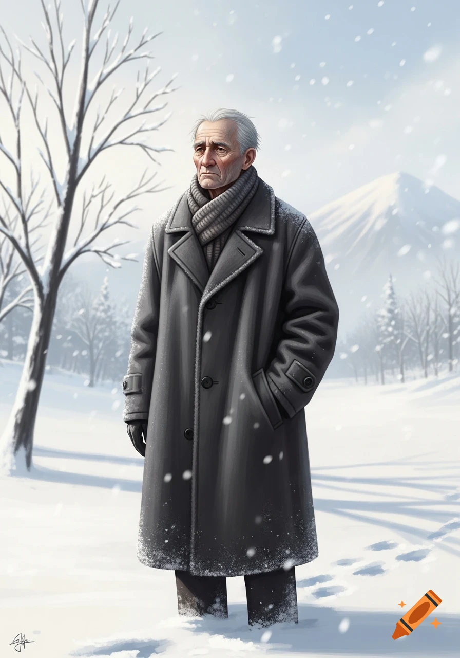 An old man in a gray coat and scarf stands in a snowy winter landscape with bare trees and a distant mountain, looking pensive.