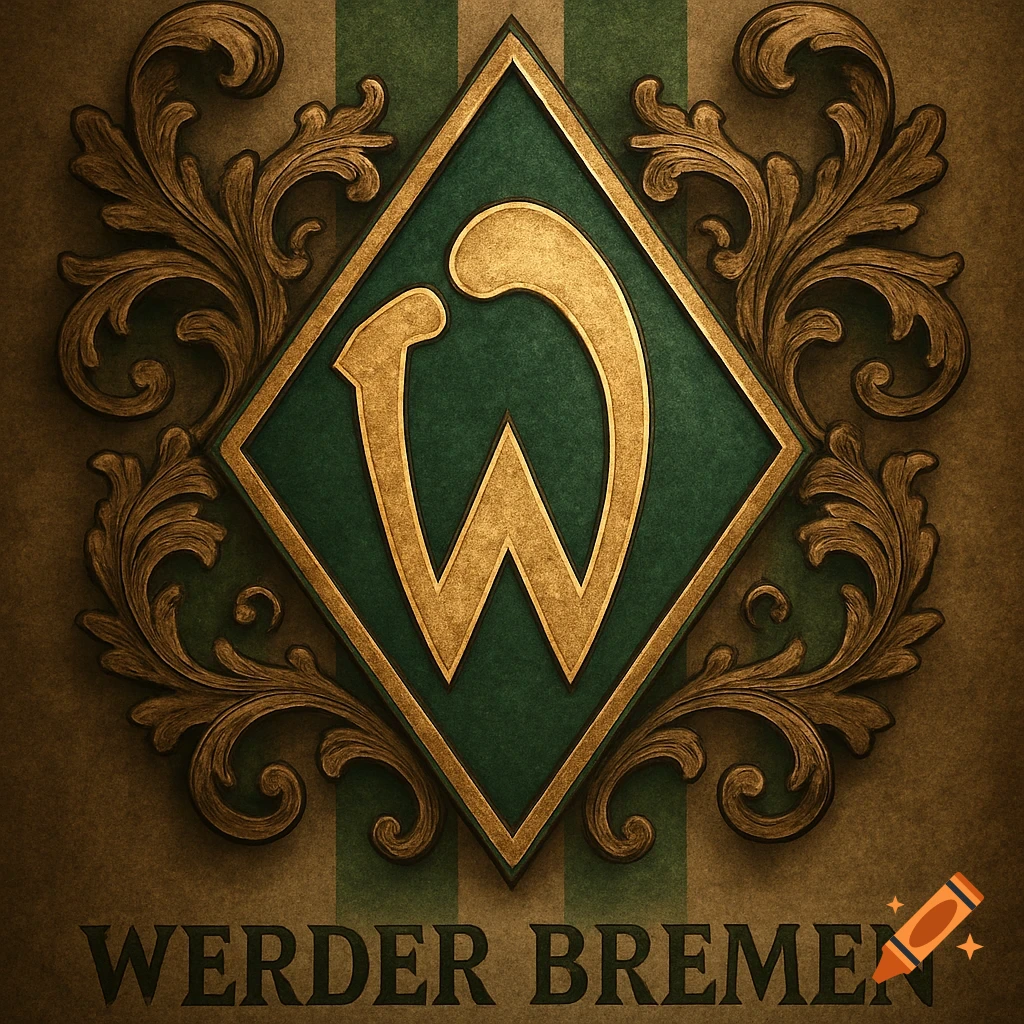 A golden 'W' inside a green diamond, surrounded by ornate gold scrollwork, above 'WERDER BREMEN' text on a striped background.