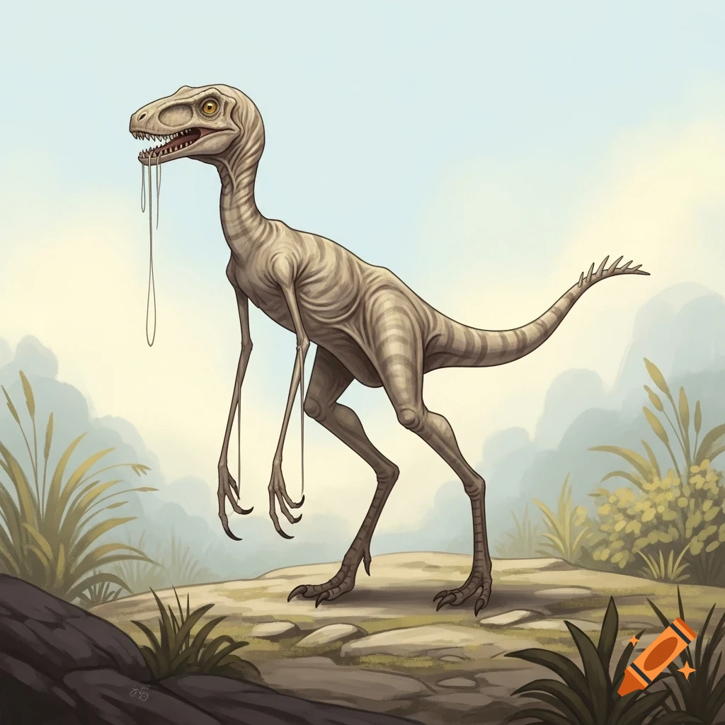 An illustration of a skinny, beige dinosaur-like creature with a small head, long stringy arms, and sharp teeth, drooling while standing on a rocky, grassy landscape.