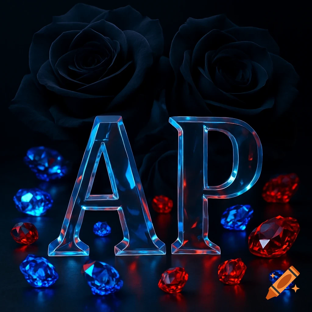 Clear, glowing letters AP are surrounded by sparkling red and blue gems, with two dark roses in the background.