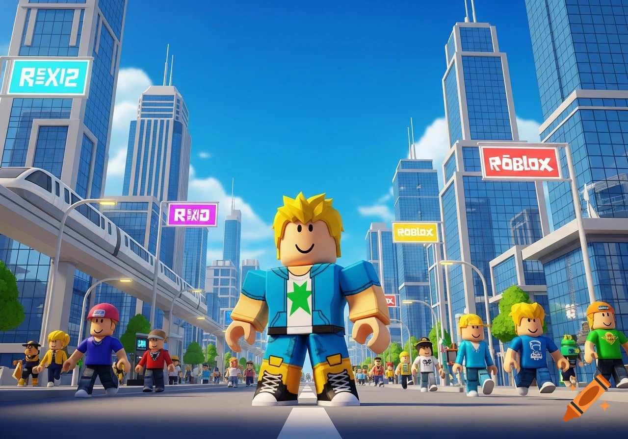 A large Roblox character stands on a city street with other smaller Roblox characters and a train passing by on an elevated track.