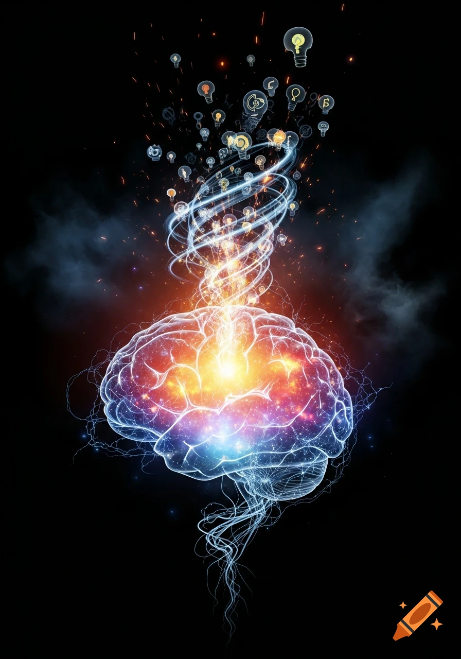 A glowing, vibrant brain with energy swirling upwards, generating lightbulbs and electrical sparks against a dark background, representing a brainstorm.