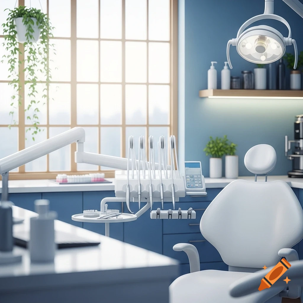 A modern dental clinic room with a white dental chair, equipment, and a large window, set against blue walls.