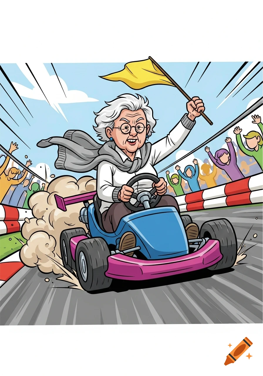 Cartoon of an elderly woman driving a blue and pink go-kart on a race track, waving a yellow flag, with cheering spectators.
