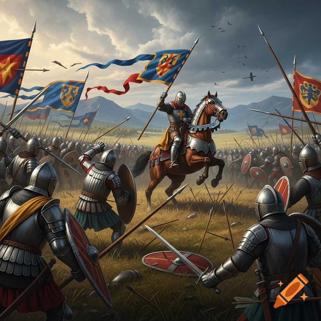 Knights on horseback and on foot clash in a grand medieval battle on a field, wielding swords, spears, and shields under a dramatic sky.