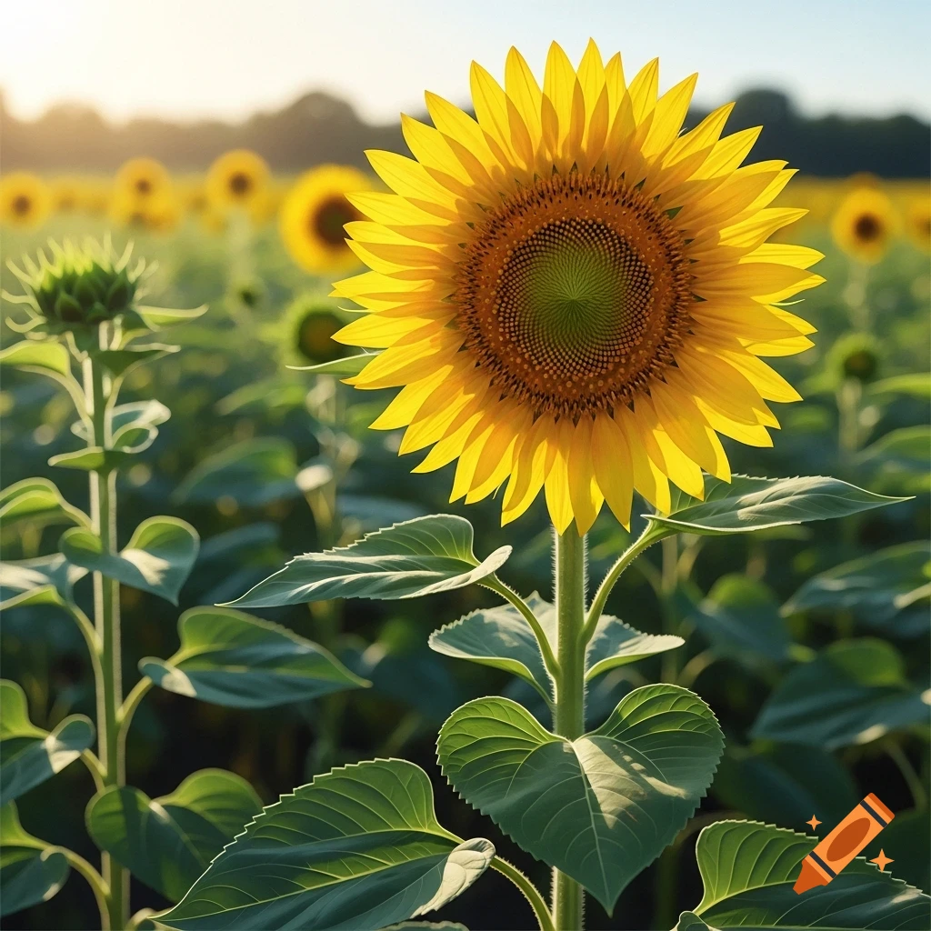 A vibrant yellow sunflower stands tall in a sunlit field, with other sunflowers blurred in the background.
