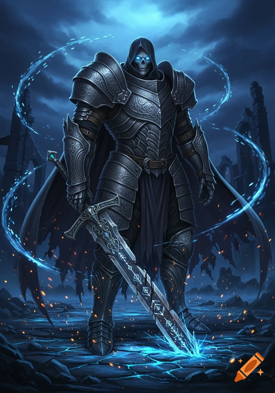 A dark fantasy anime illustration of a skeletal lich in heavy armor with glowing blue eyes and a runic sword in gothic ruins.