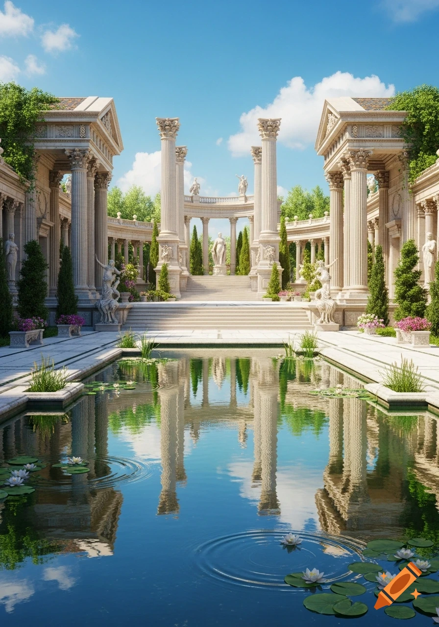 A grand classical courtyard with Roman-style columns, lush greenery, and a tranquil pond reflecting the blue sky.