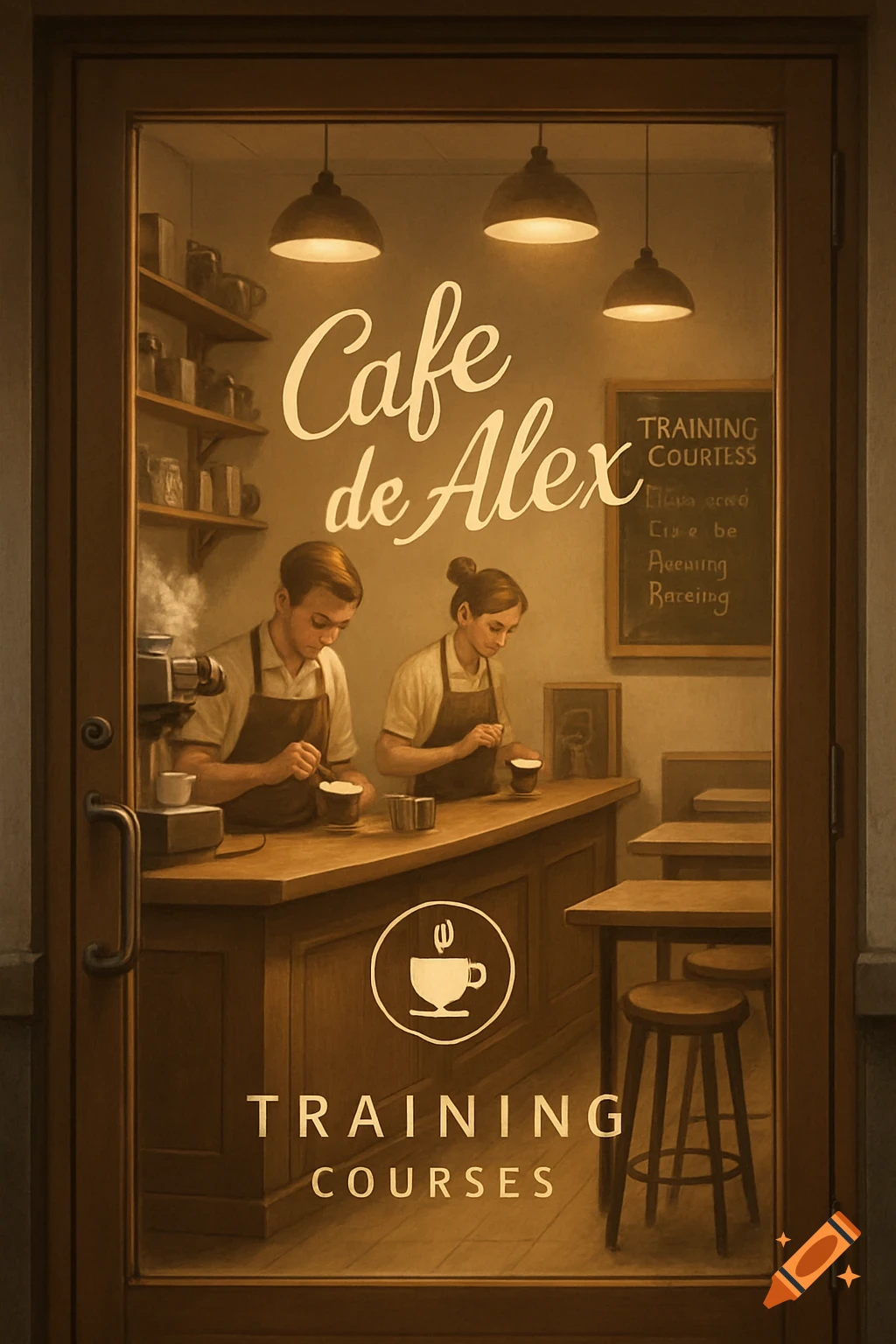 View through a glass door into a warm-lit cafe where two baristas practice latte art at a wooden counter, under a sign reading "Cafe de Alex".