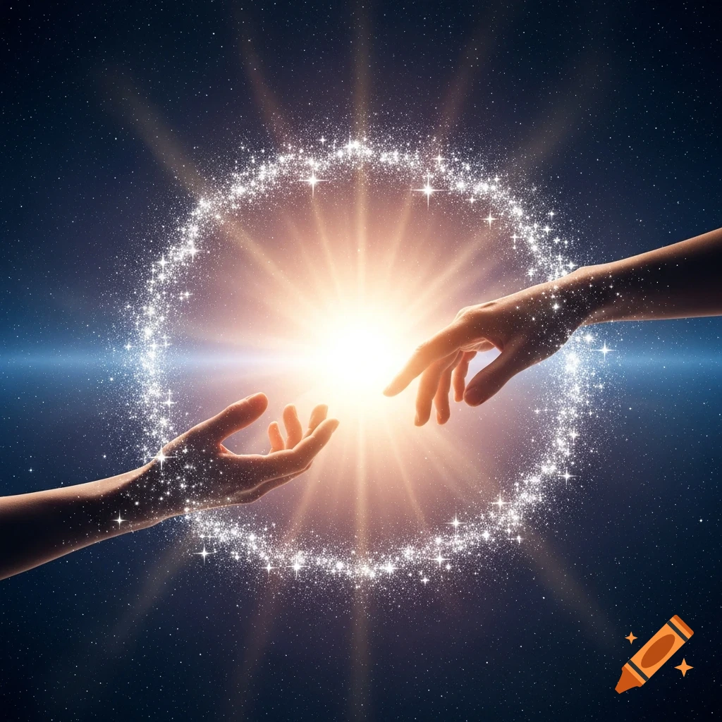 Two hands reaching towards a bright sparkling light and sun in a cosmic starry sky.