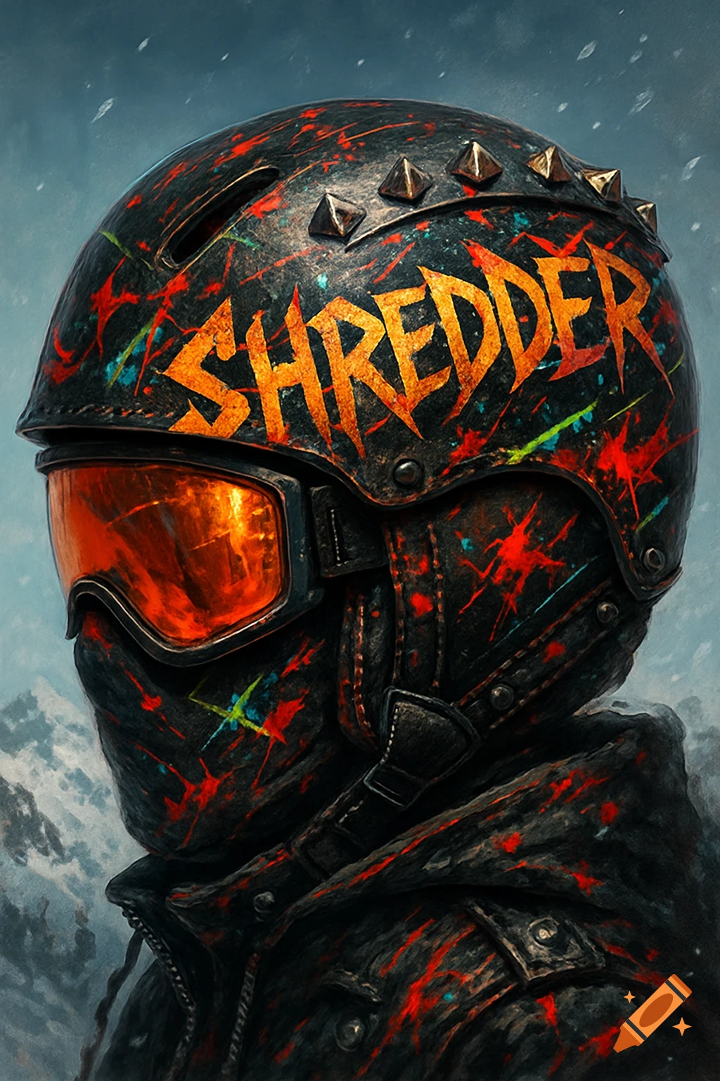 A grungy black ski helmet with red and blue paint splatters, gold studs, orange reflective goggles, and 'SHREDDER' in orange text. Snowy background.