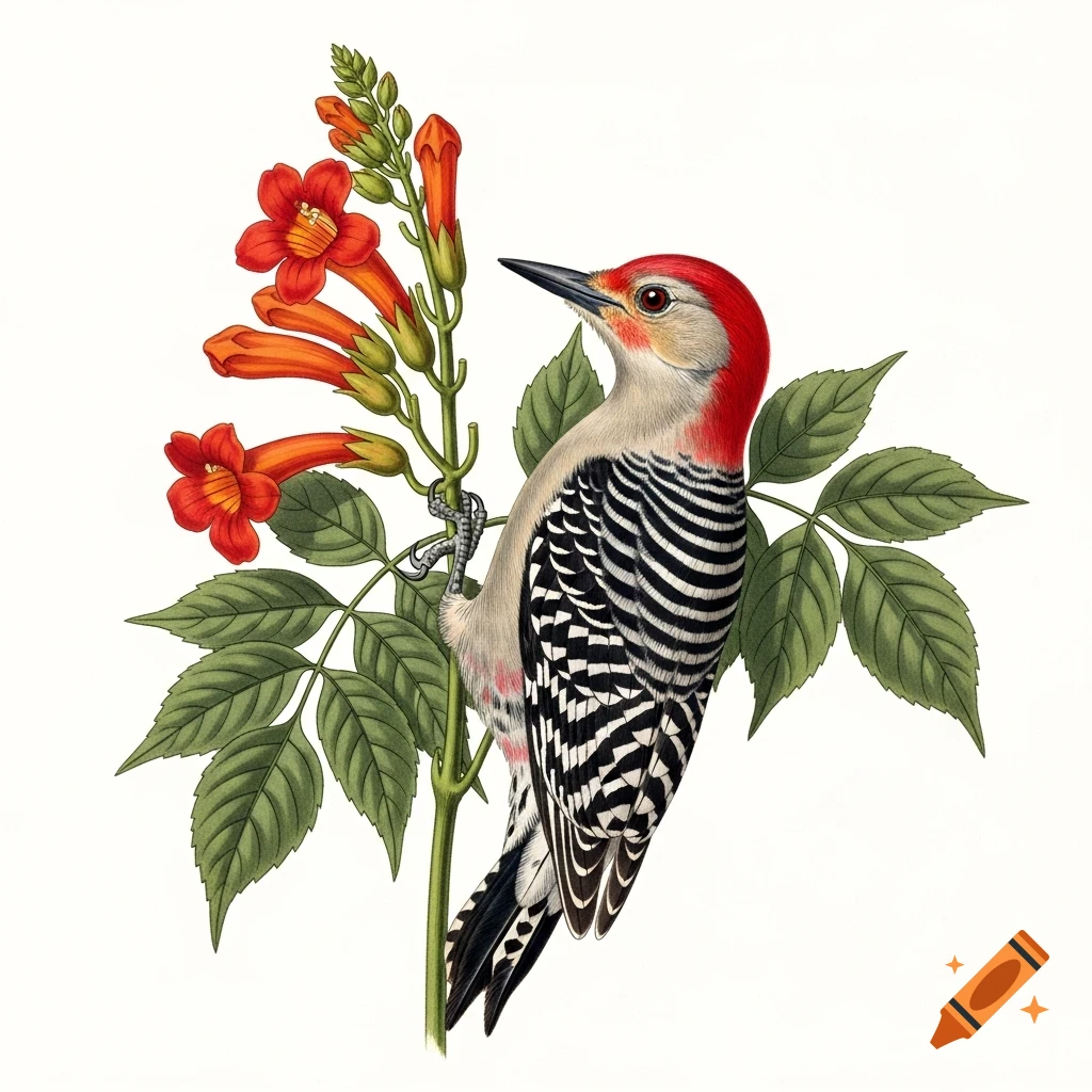 Detailed botanical illustration of a Red-bellied Woodpecker with black and white stripes, red head, perched on an orange Trumpet Creeper vine with green leaves.