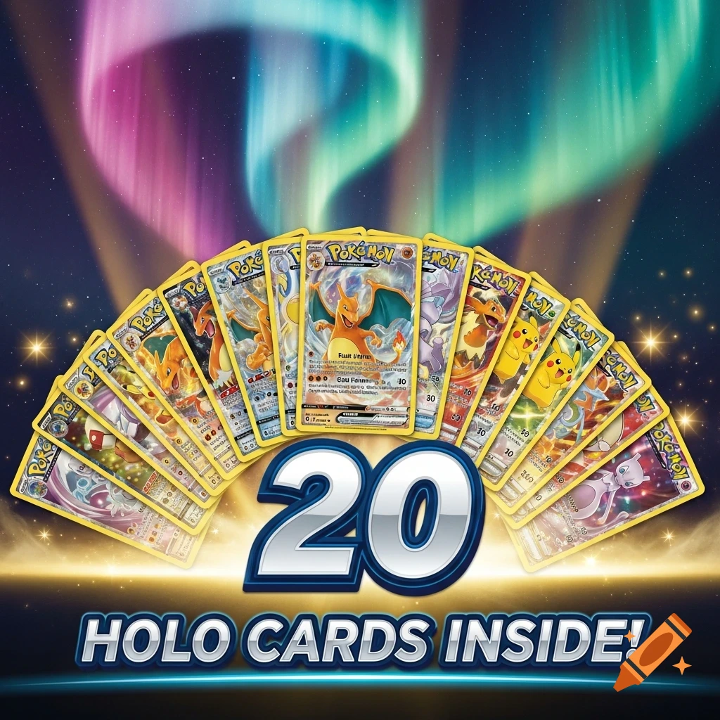 Pokemon trading cards fanned out against a starry background with aurora lights, numbers 20 and text 'HOLO CARDS INSIDE!'