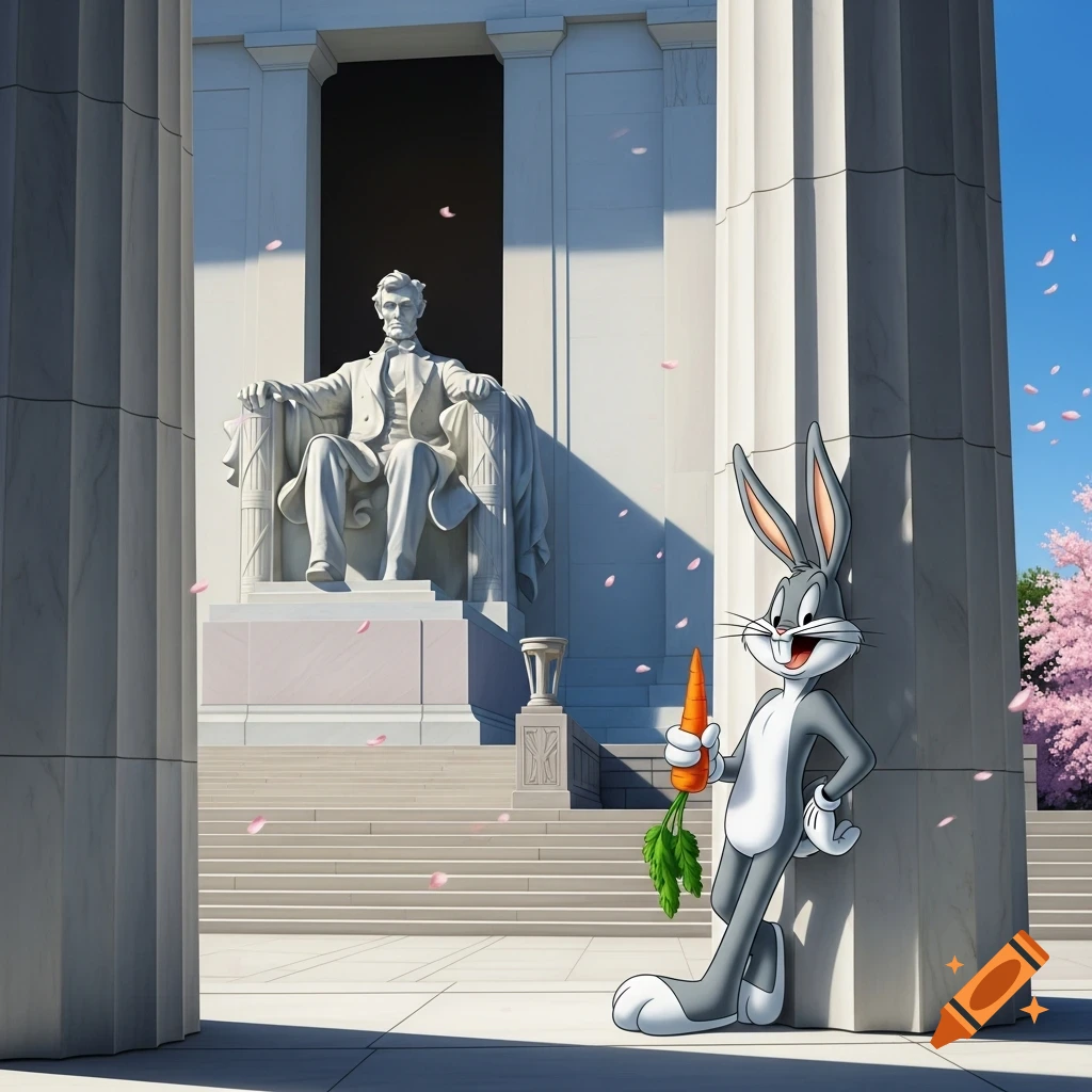 Bugs Bunny holding a carrot, leaning against a white pillar at the Lincoln Memorial with pink cherry blossoms falling.