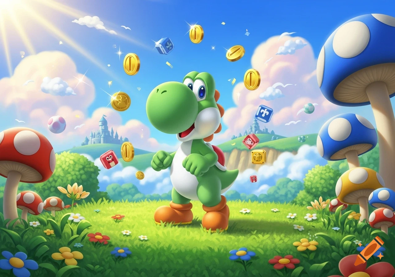 Yoshi stands in a vibrant, sunny meadow with colorful mushrooms, floating coins, and question blocks. A castle is in the distance.