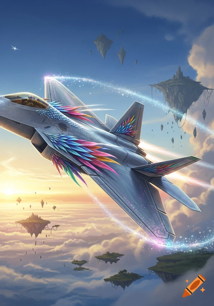 A fantasy fighter jet adorned with iridescent feathers flies past floating islands and clouds, leaving a magical trail in a vibrant sunset sky.