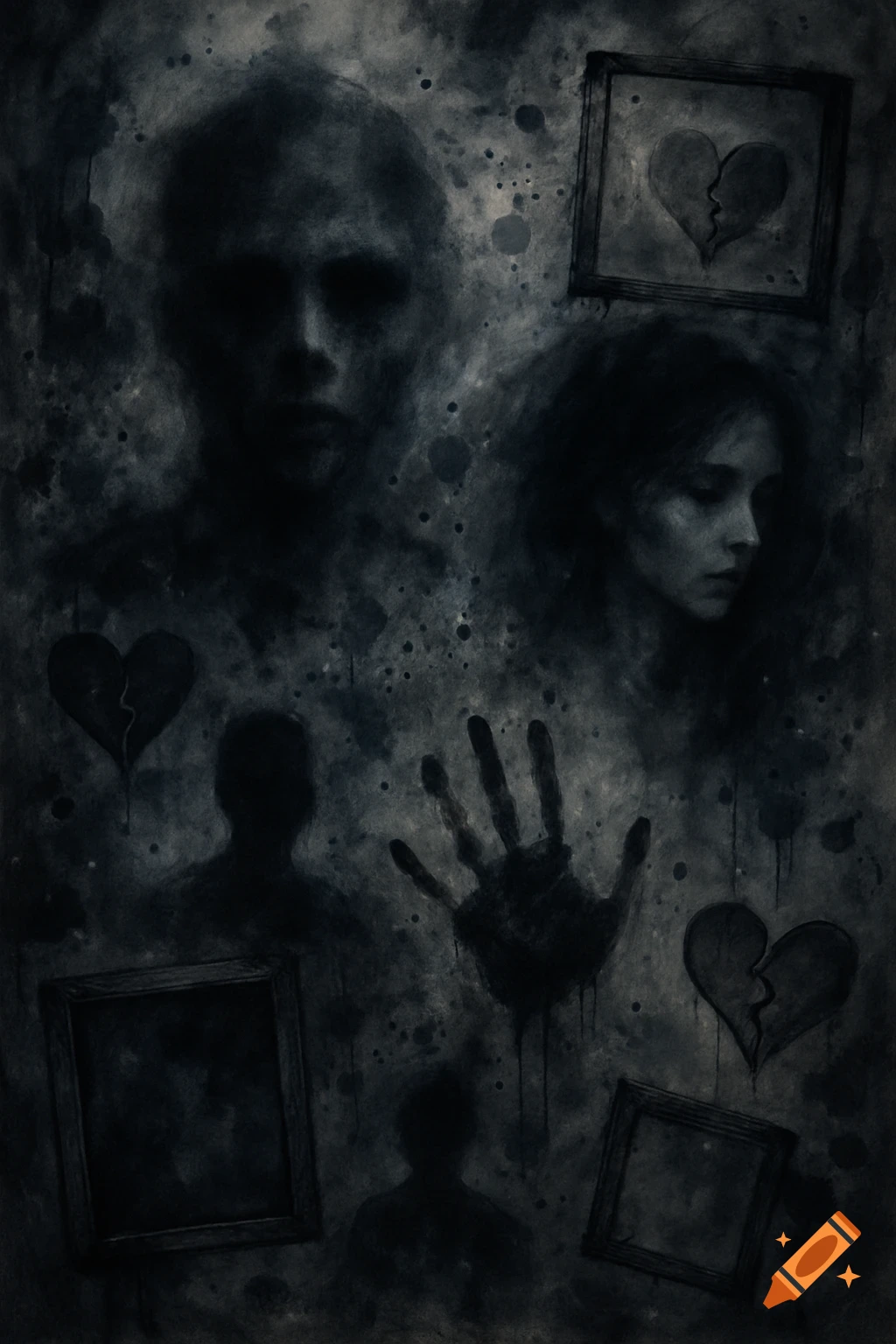 Dark, abstract painting with shadowy faces, silhouettes, a handprint, broken hearts, and fragmented frames amidst paint splatters.