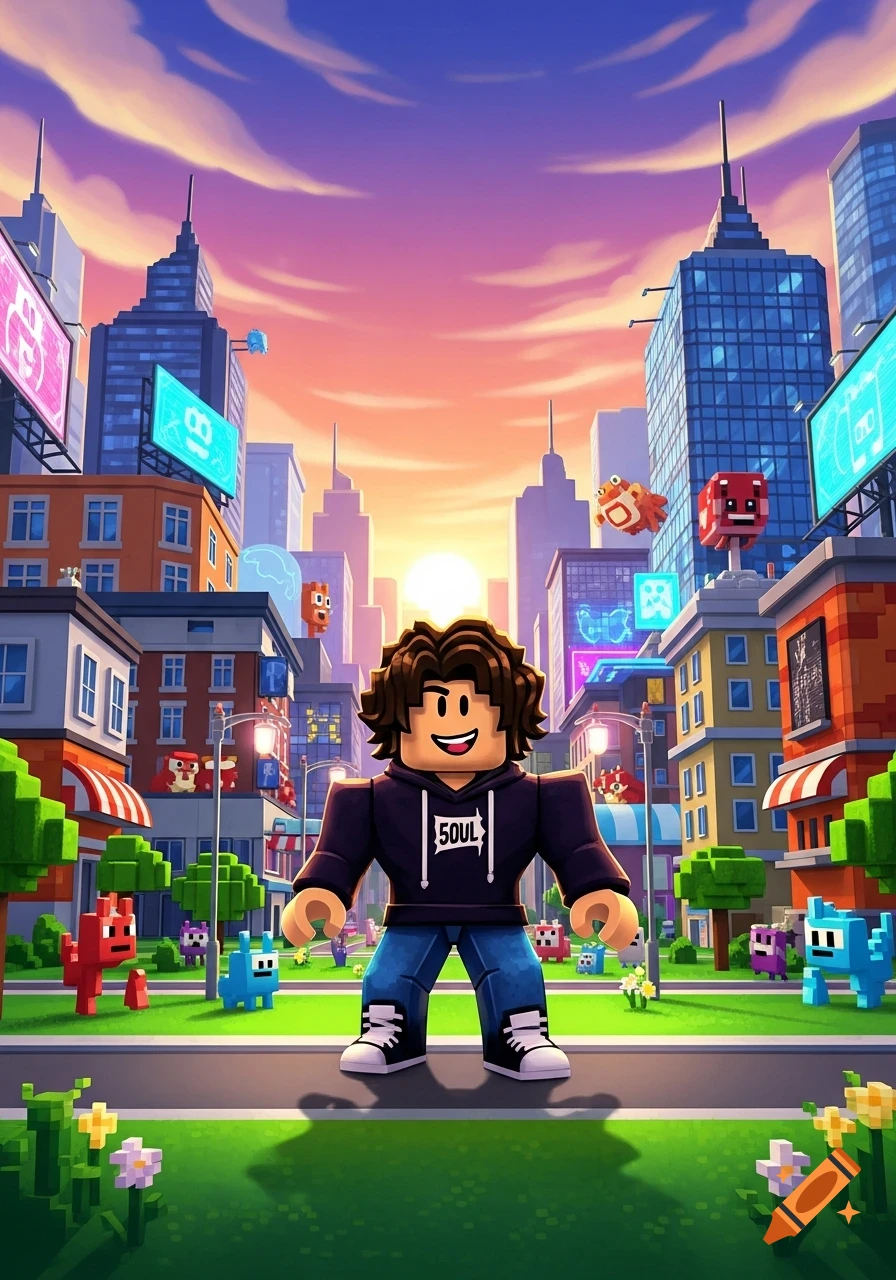 A Roblox-style character with brown curly hair and a black hoodie with "5OUL" on it, stands smiling in a blocky city with a sunset background.