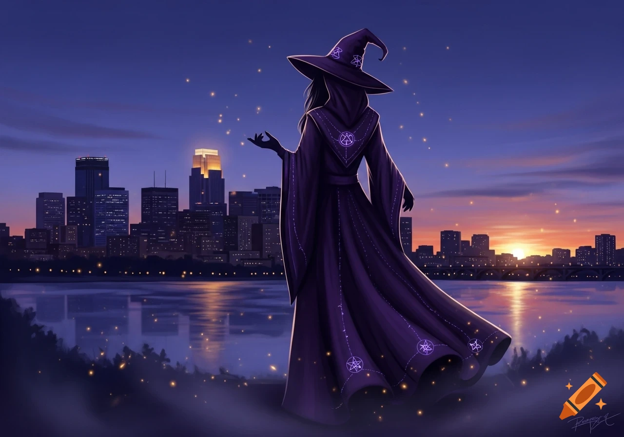 Illustrated purple witch in a flowing robe and hat, releasing golden sparks by a river with a city skyline at sunset.