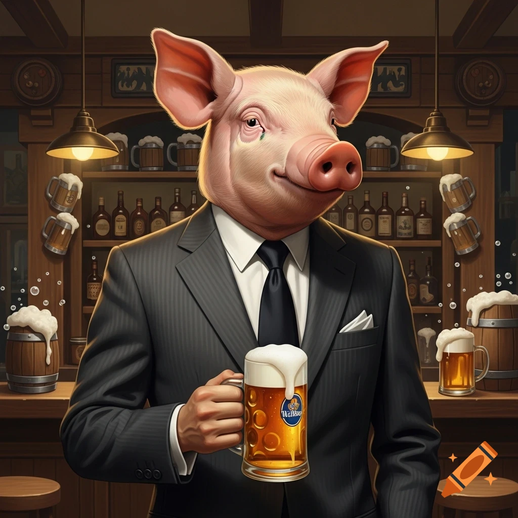 A smiling pig in a pinstripe suit and tie holds a foamy mug of beer in a dimly lit bar, with beer mugs and bottles on shelves behind him.