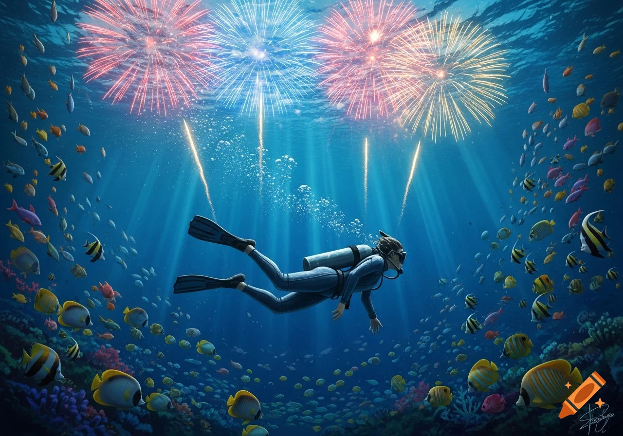 A scuba diver swims among colorful fish and coral underwater, with bright fireworks visible exploding on the surface above.