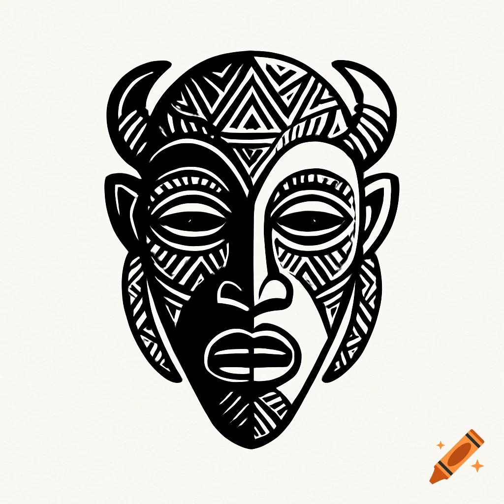 Stylized black and white B 00e9t 00e9 mask illustration with intricate geometric patterns on a light background.