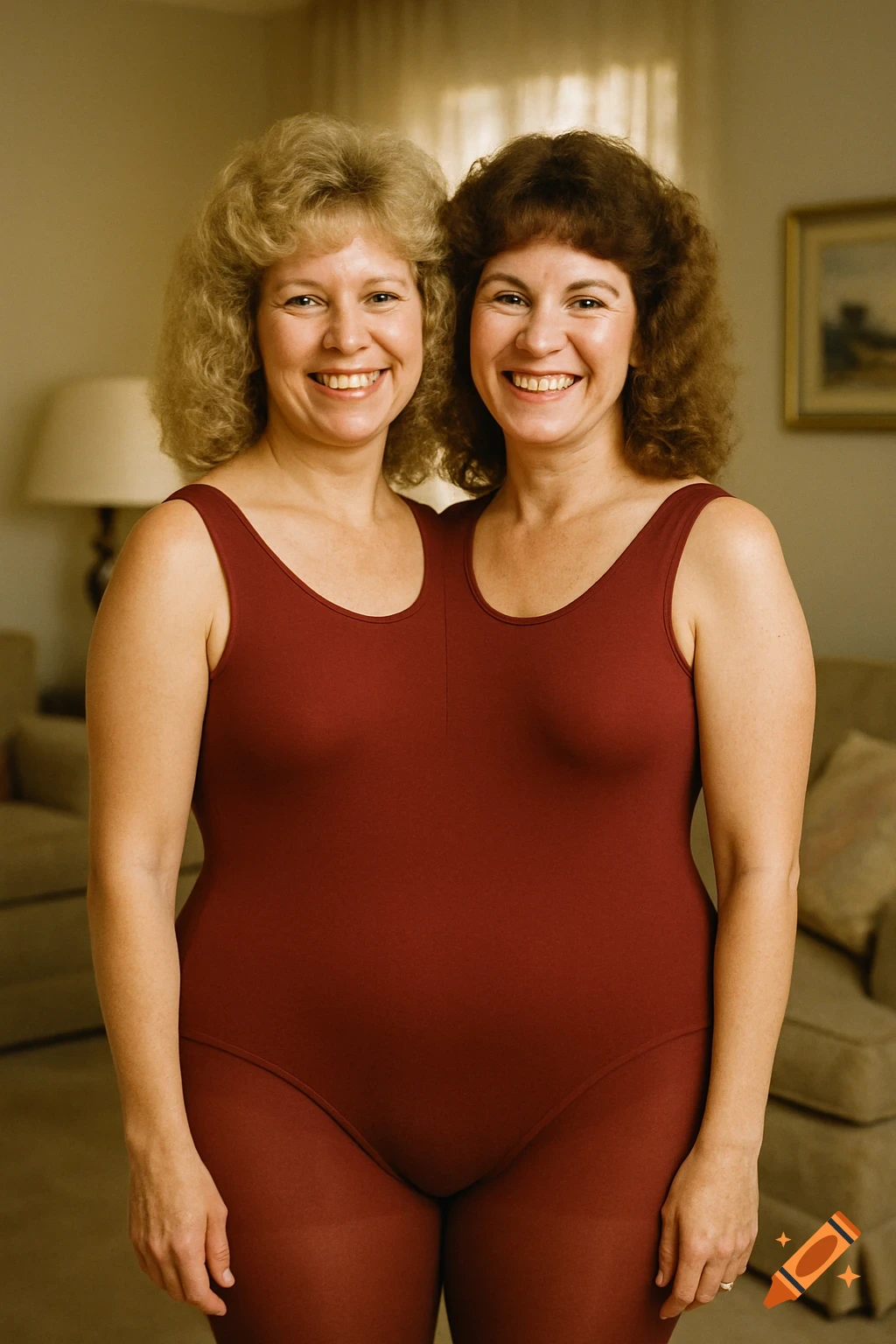 Two smiling, conjoined women in a burgundy leotard and tights pose in a sunlit room, one blonde, one brunette.