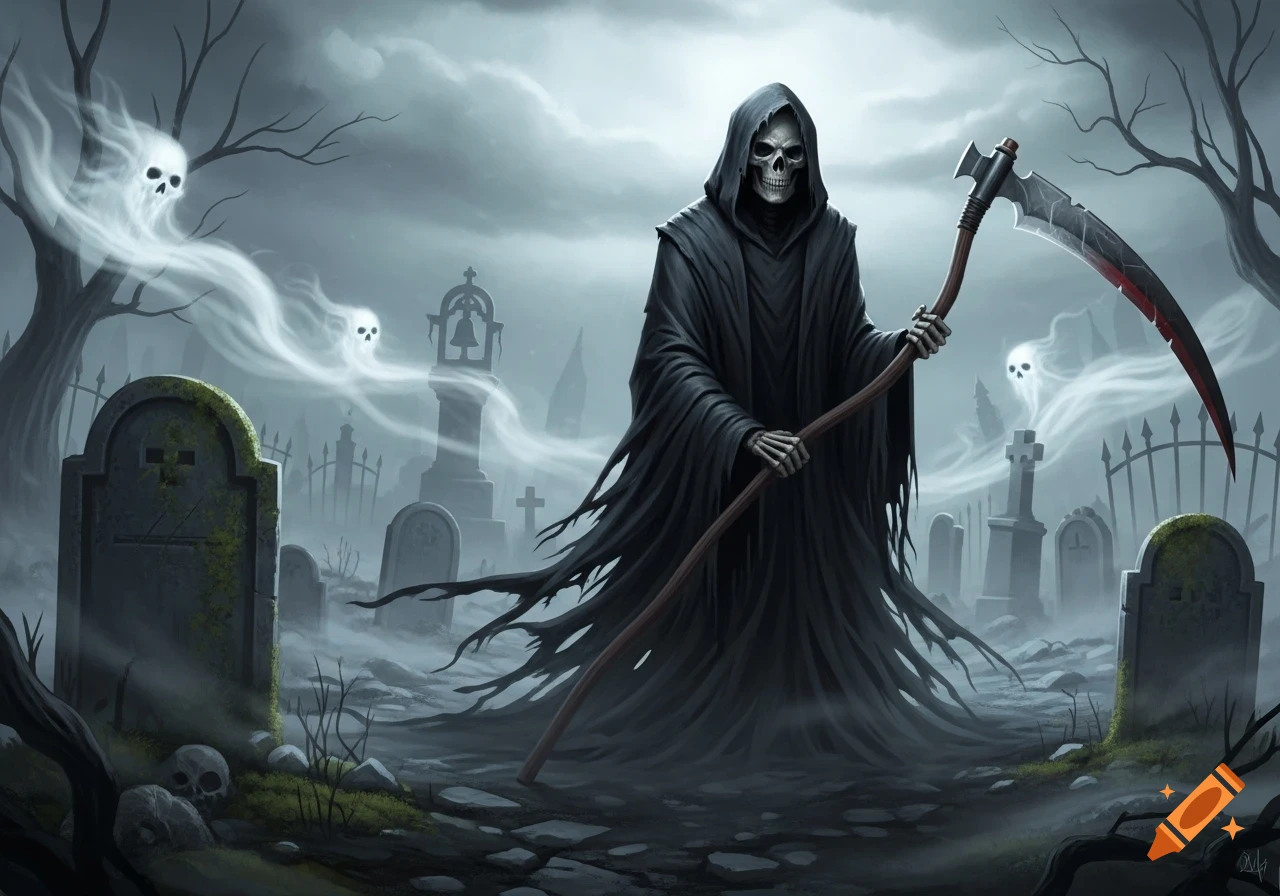 A hooded Grim Reaper with a large scythe stands in a misty graveyard with weathered tombstones and several ghostly apparitions.