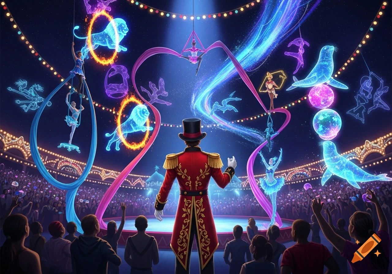 A ringmaster overlooks a vibrant digital circus performance with glowing holographic animals and aerialists under spotlights, as a crowd watches.