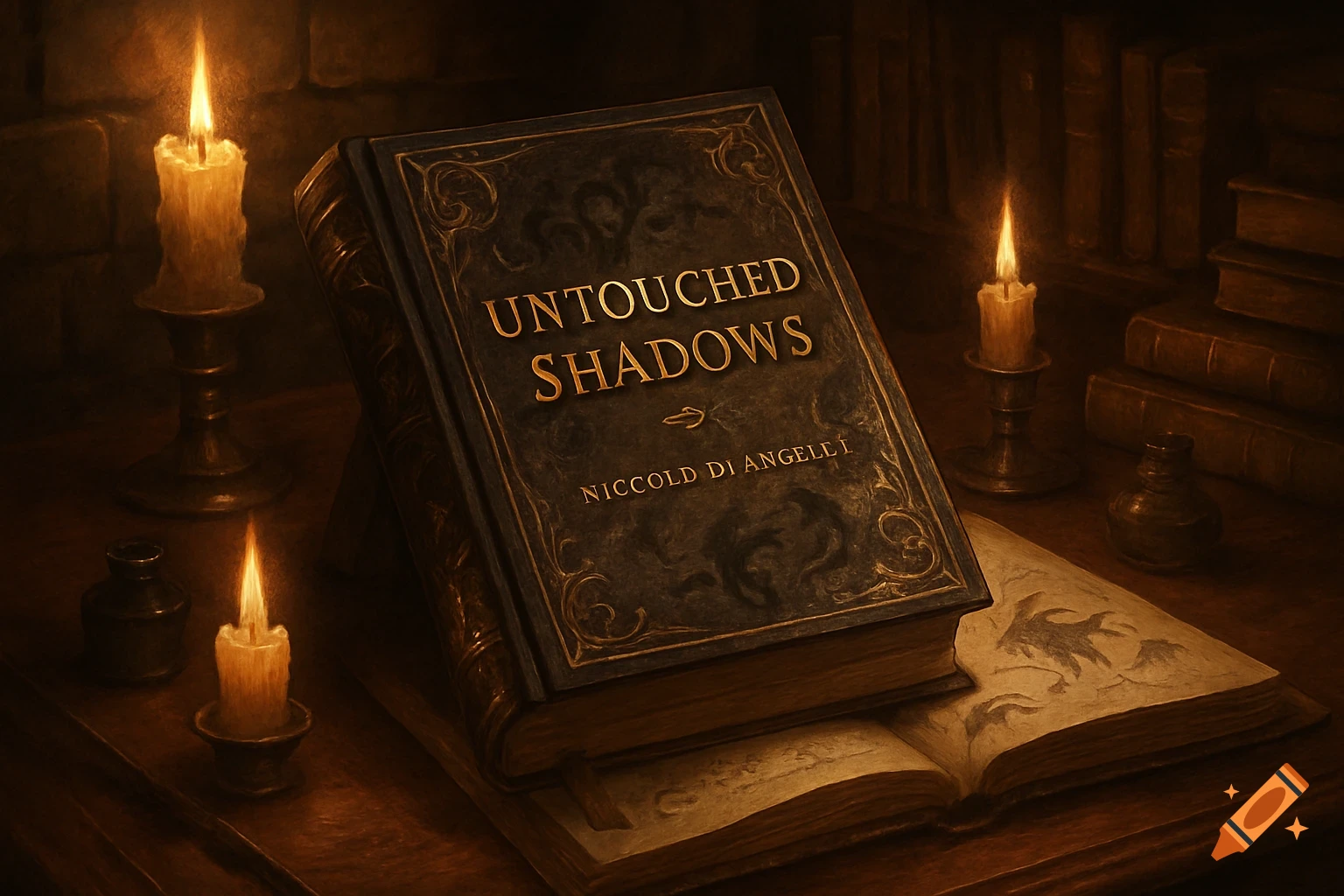 An antique book titled "Untouched Shadows" lies on a dark wooden table, illuminated by three flickering candles.