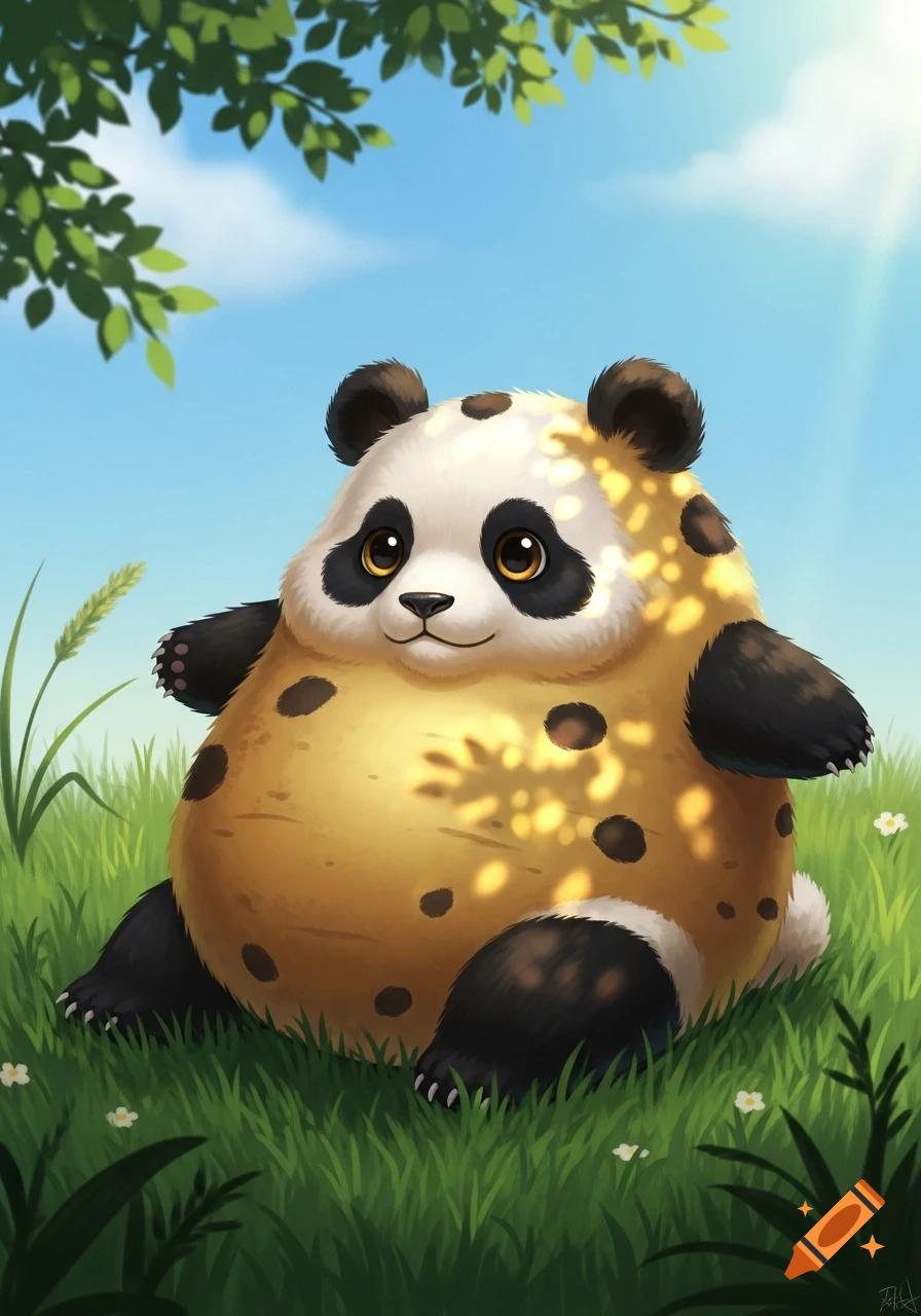 A cute, chubby cartoon panda-potato hybrid, a "patanda," with black panda features and a yellow, spotted potato body, sits in a sunny green meadow under leafy branches.