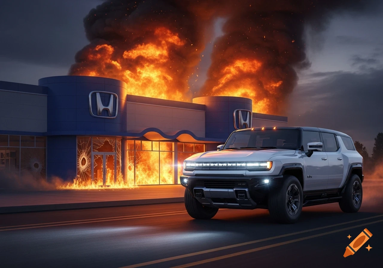 A white GMC Hummer EV drives past a Honda dealership engulfed in flames with shattered windows, under a dark, smoky sky.