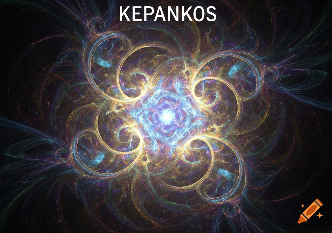 A vibrant abstract fractal pattern glows with blue, yellow, and purple light against a dark background, with the word "KEPANKOS" at the top.
