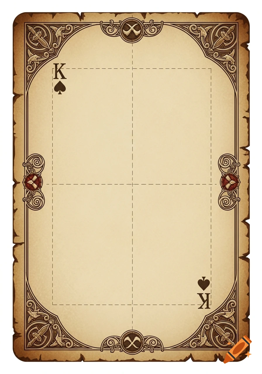 Rustic, blank playing card with ornate borders, a parchment texture, and 'K' and spade symbols in opposite corners.