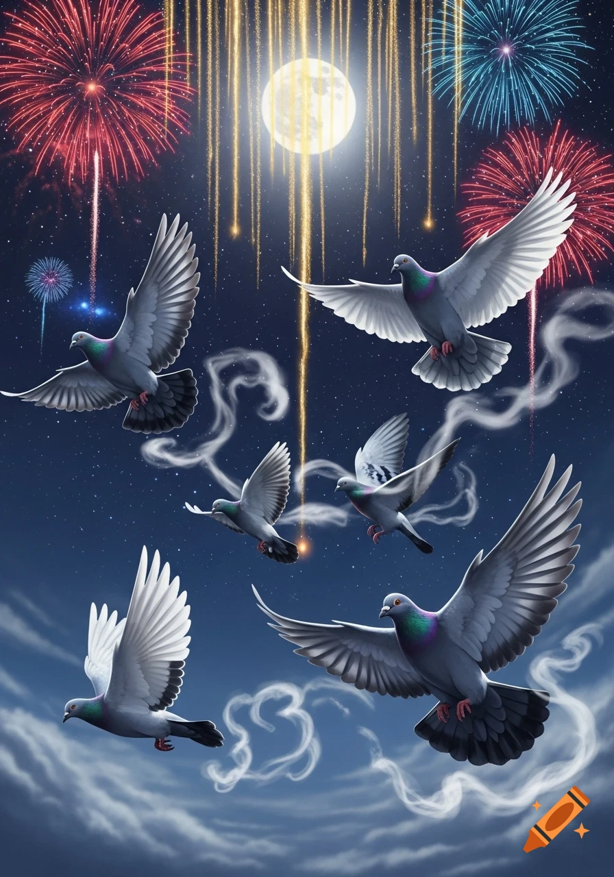 Pigeons flying against a dark night sky filled with colorful fireworks, golden streaking lights, and a full moon.