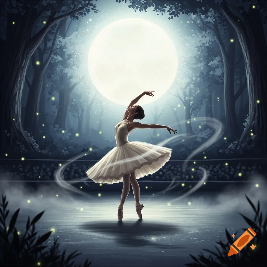 A ballerina gracefully dances en pointe under a large full moon in a mystical, dark forest lit by glowing fireflies and swirling light trails.