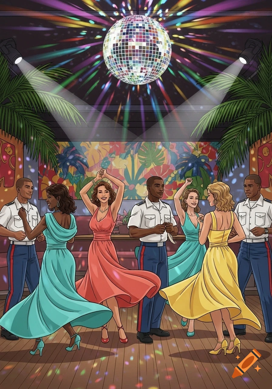 Illustration of men in uniforms and women in dresses dancing at a vibrant Caribbean disco with a disco ball.