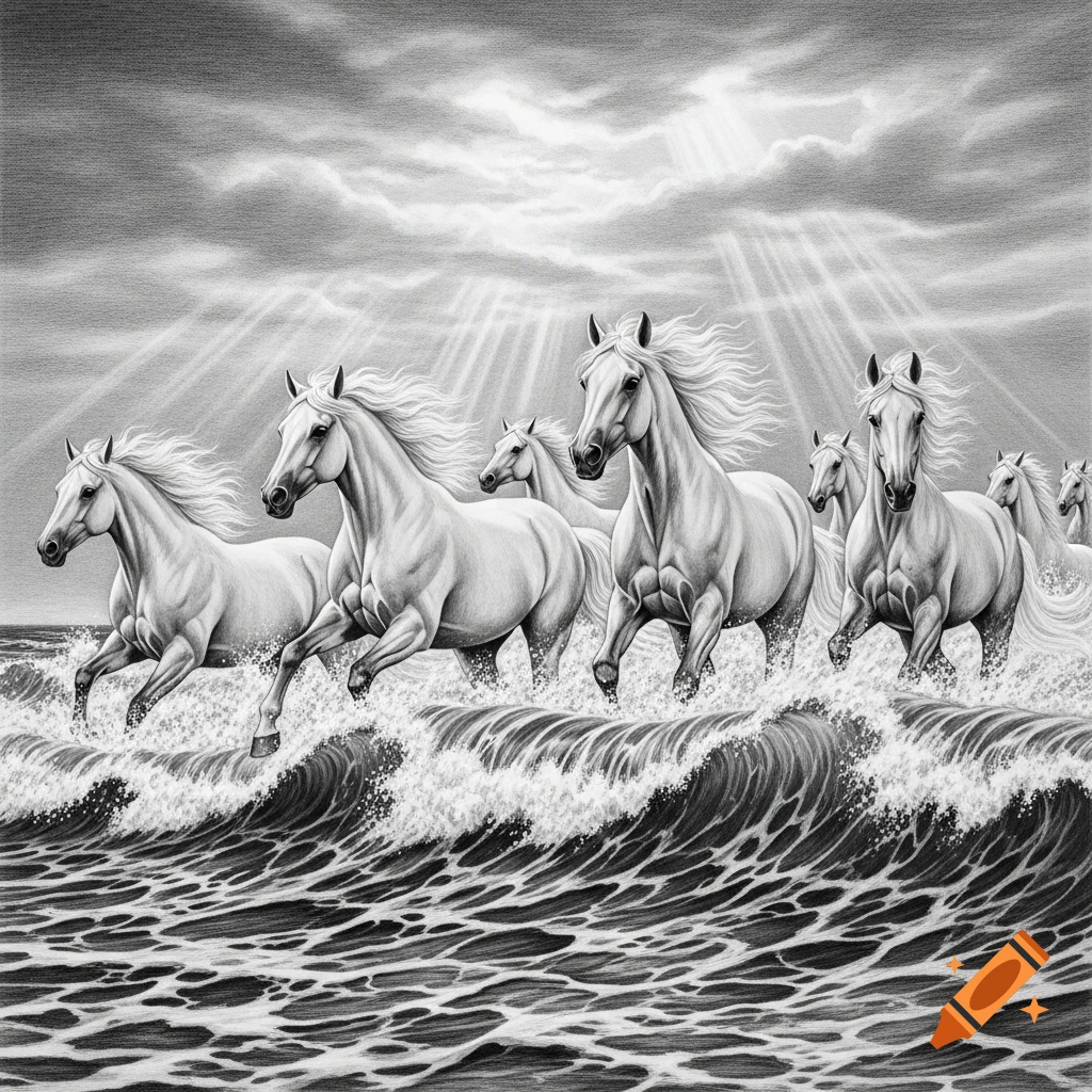 Black and white drawing of white horses galloping through ocean waves under a cloudy sky with sun rays.