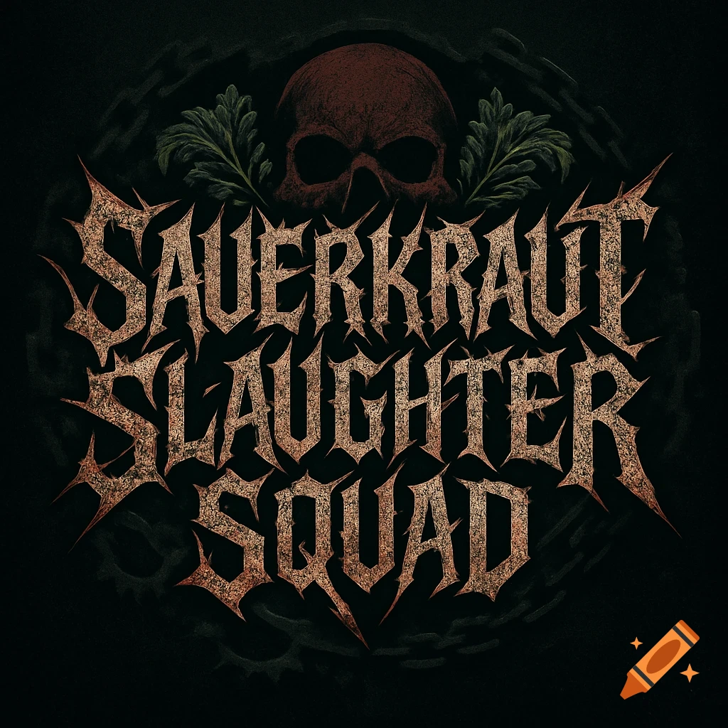 A dark, stylized logo for "SAUERKRAUT SLAUGHTER SQUAD" with jagged, textured lettering and a reddish skull.