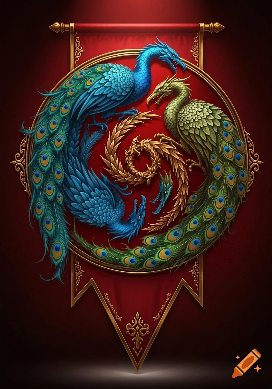 A stylized banner with blue and green peacocks with dragon heads intertwined around a golden dragon wreath on a red background.