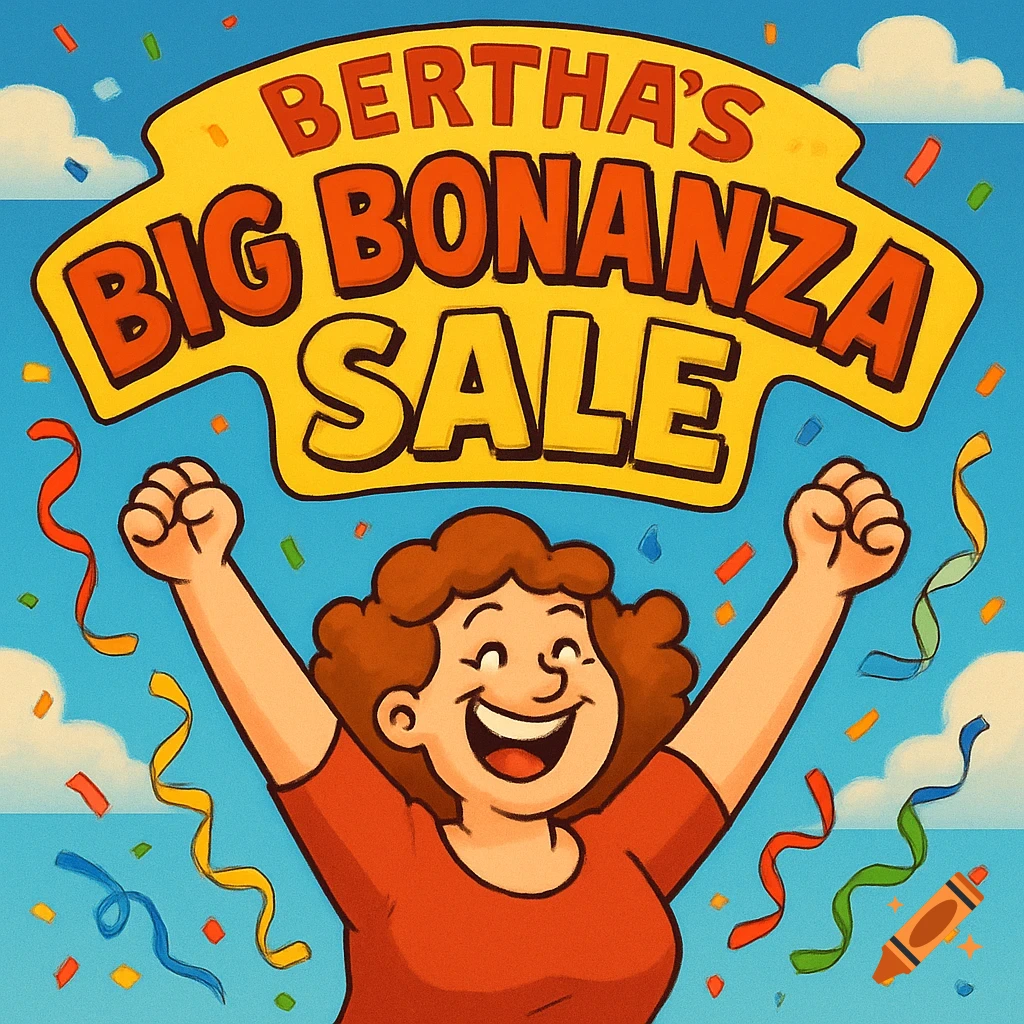 A happy cartoon woman with raised arms celebrates under a 'Bertha's Big Bonanza Sale' sign amidst falling confetti.