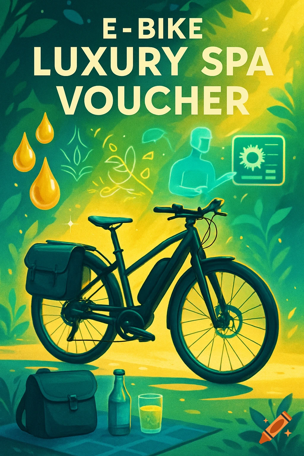 A stylized illustration of an e-bike with text "E-BIKE LUXURY SPA VOUCHER" surrounded by green foliage, yellow drops, and abstract spa-like symbols.