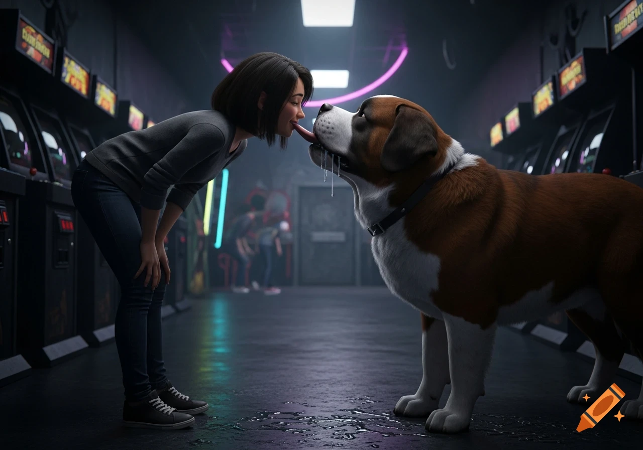A 3D render of a woman leaning down, letting a slobbery St. Bernard dog lick her face in a dimly lit arcade.